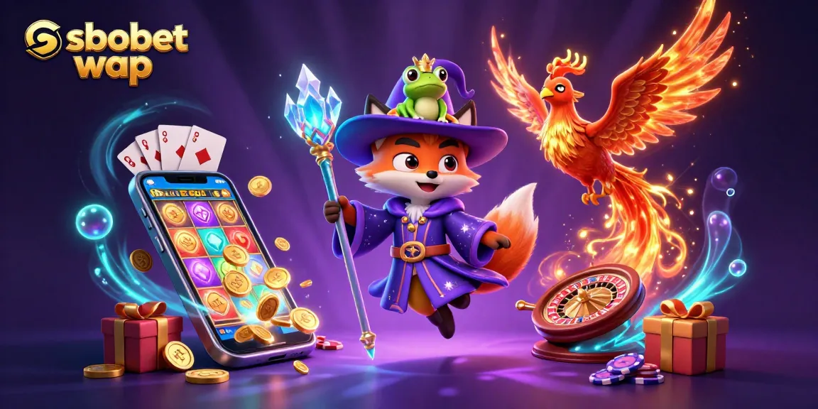 Experience sbobet wap action with a wizard and phoenix, amid vibrant casino game elements.