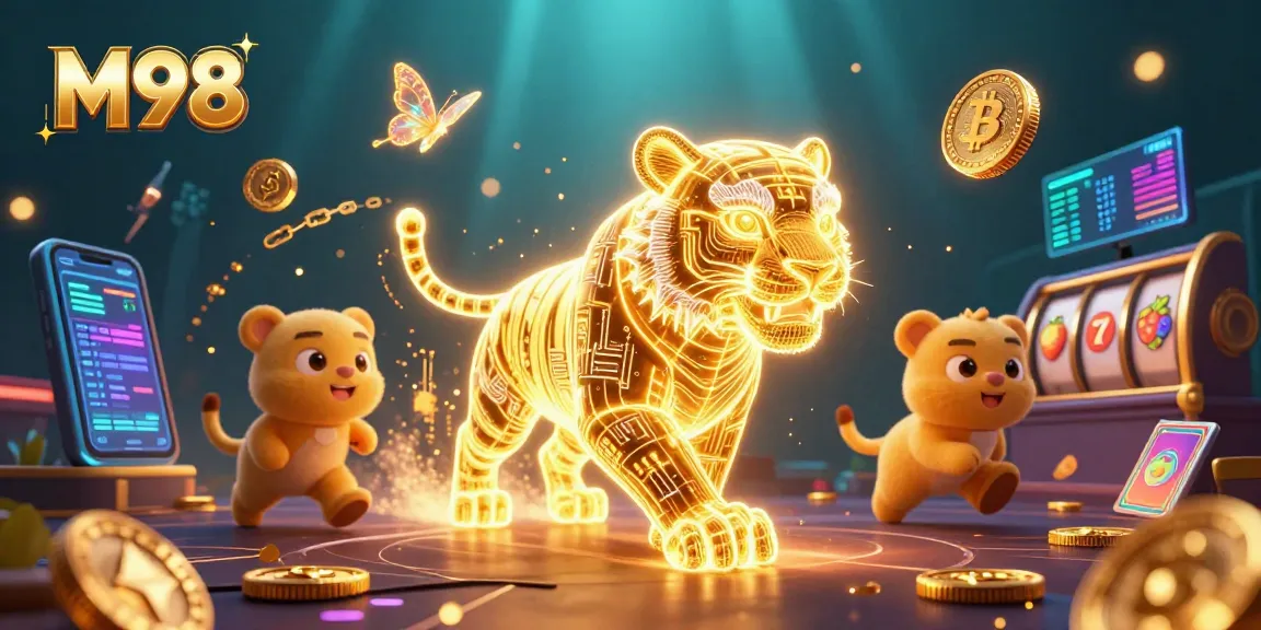 M98 casino experience features a neon tiger and cryptocurrency elements in vibrant illustration.