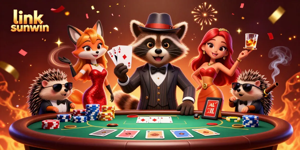 Experience the excitement of link sunwin with charming casino characters at a lively poker table.